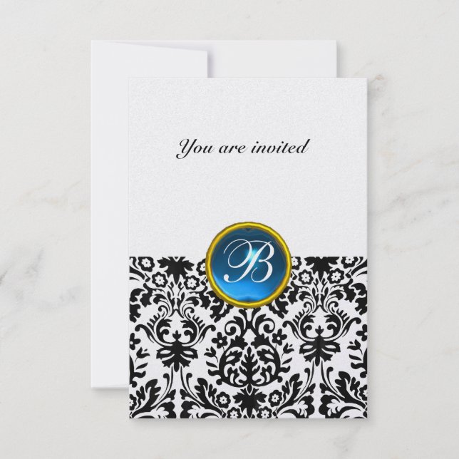 Invitation PAVÉ GEMME MONOGRAMME saphir glace bleu rsvp (Devant)