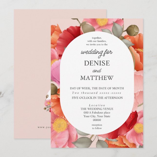 Invitation Pavot d'aquarelle sur le Rose Blush (Devant / Derrière)