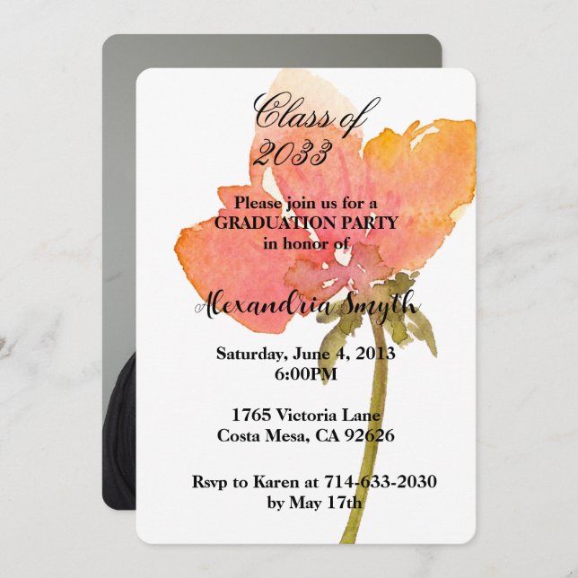 Invitation Pavot Fleur Graduation Votre Photo (Devant / Derrière)