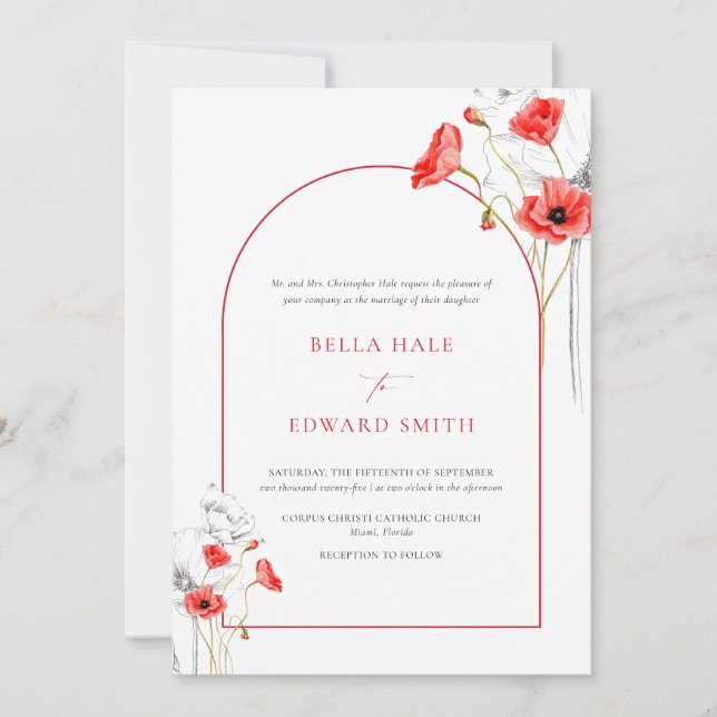 Invitation Pavot moderne Rouge Aquarelle Florale Mariage offi (Devant)
