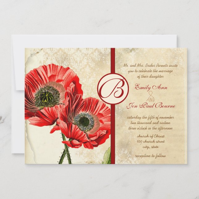 Invitation Pavot Vintage Damask Poignée Rouge Mariage Invitat (Devant)