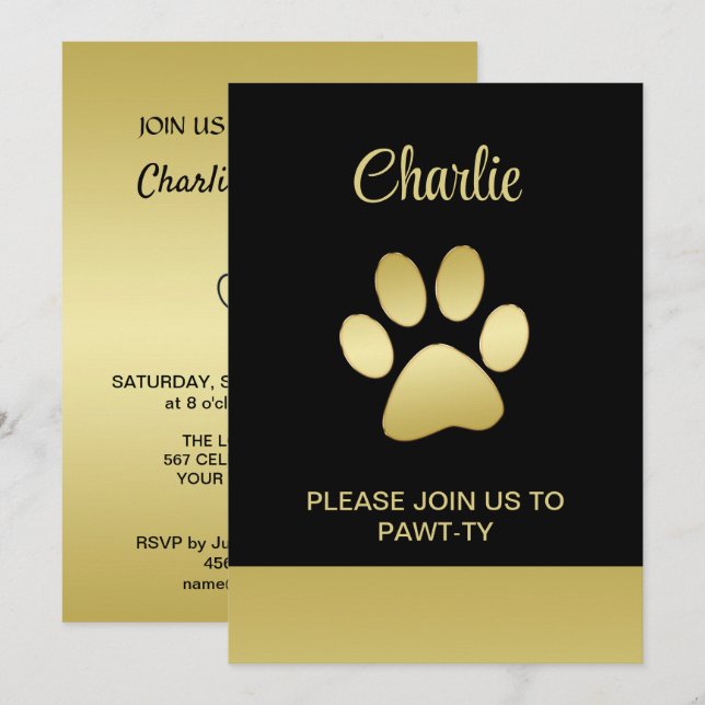 Invitation Paw chien brillant or sur arrière - plan noir (Devant / Derrière)