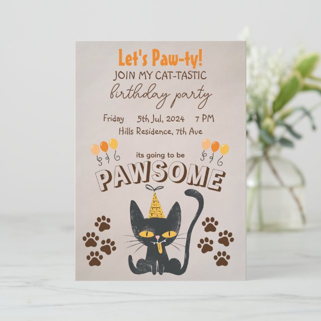 Invitation Paw-ty ! - Mignonne Chat Noir portant le Casquette (Debout devant)