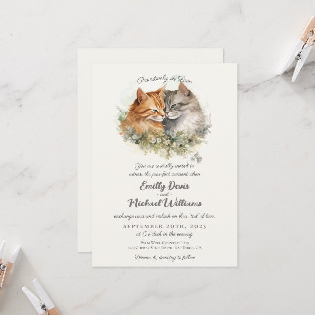 Invitation Pawsitly in Love Romantic Chat Couple Mariage (Devant/Arrière en situation)
