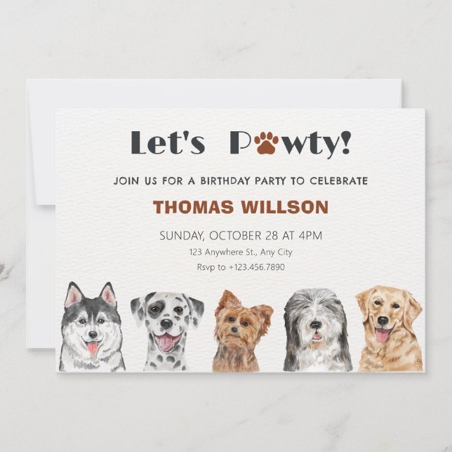 Invitation Pawty avec les chiens mignons anniversaire (Devant)