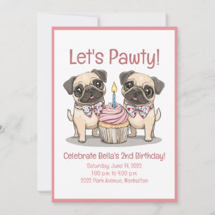 Invitation Pawty Birthday Carlin Dogs Cupcake