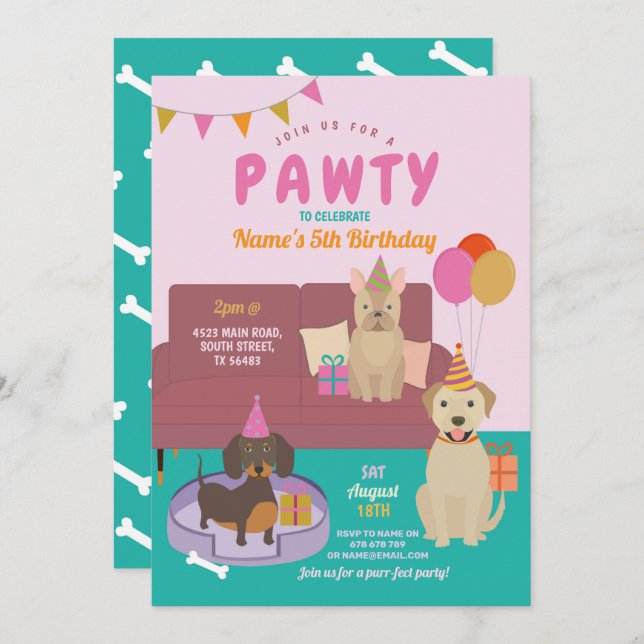 Invitation Pawty Birthday Chiens Party Puppy Fun Rose (Devant / Derrière)