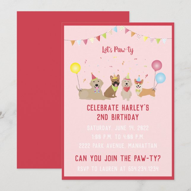 Invitation Pawty Birthday Party Dogs (Devant / Derrière)