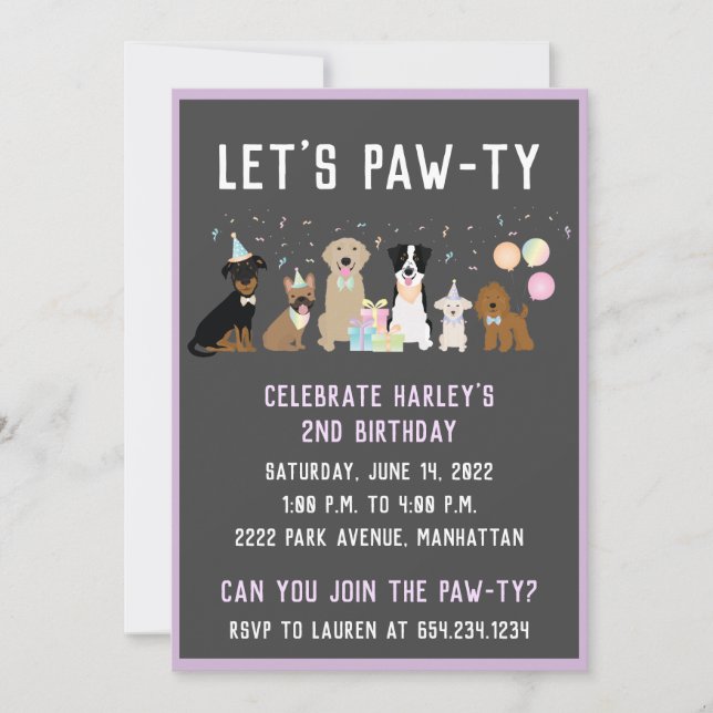 Invitation Pawty Birthday Party Dogs (Devant)