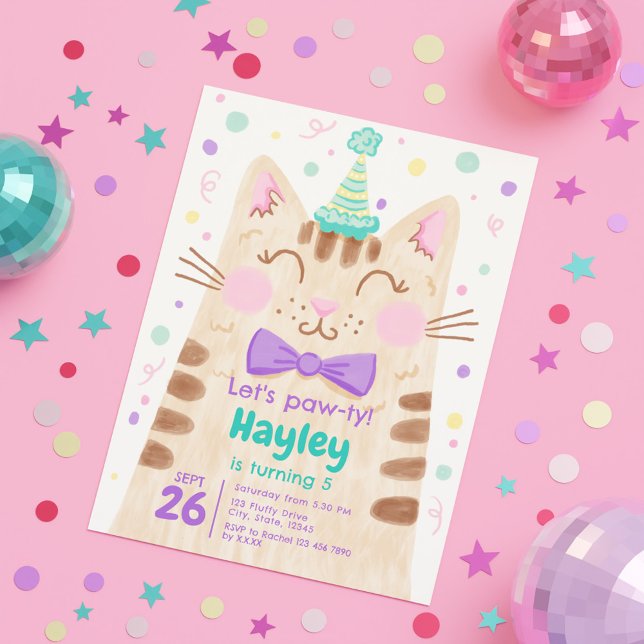 Invitation Pawty Cute Kitty Cat Visage Anniversaire (Let’s Pawty Cute Kitty Cat Face Birthday Party Invitation)