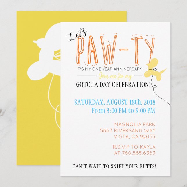 Invitation Pawty Dog Anniversaire Gotcha Day Four baby (Devant / Derrière)