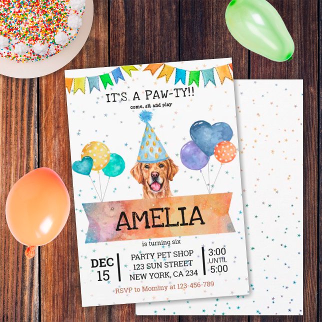 Invitation Pawty Golden Retriever Chien Chiot Chiot Anniversa (Front and Back)