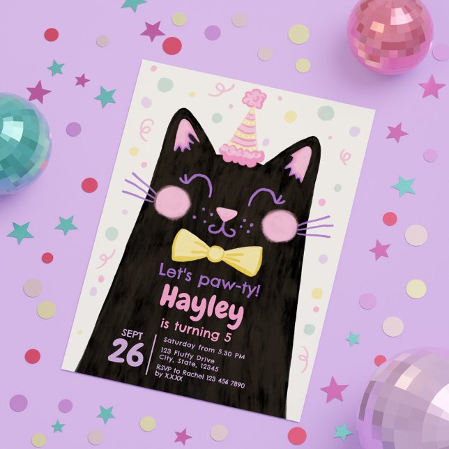 Invitation Pawty Kitty Black Cat Face Anniversaire (Let’s Pawty Kitty Black Cat Face Birthday Party Invitation)