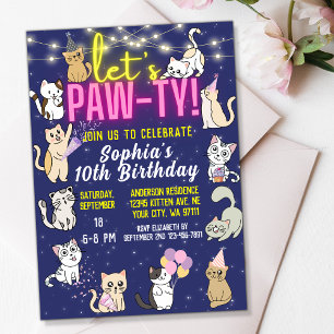 Invitation Pawty Neon rose brillant mignon Kittens Fête des c
