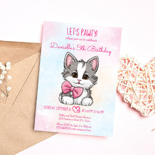 Invitation Pawty rose mignon chaton anniversaire