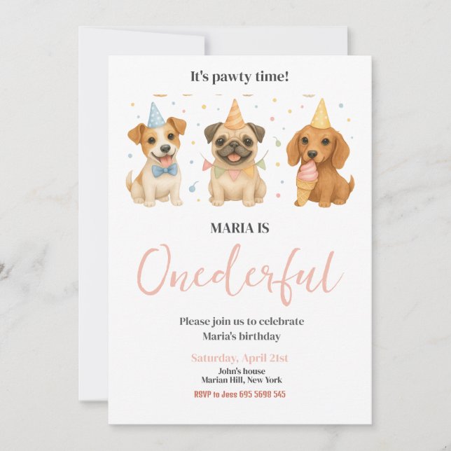 Invitation Pawty Time Chien Chien Chien Coquelicot ONE derful (Devant)