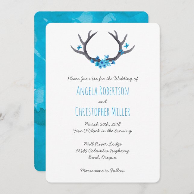 Invitation Pays Antlers Mariage bleu (Devant / Derrière)