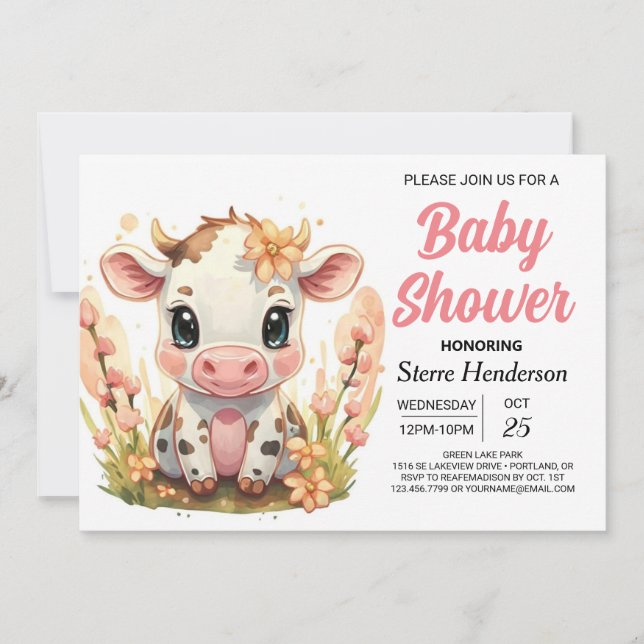Invitation Pays Aquarelle Girl Baby shower de vache (Devant)