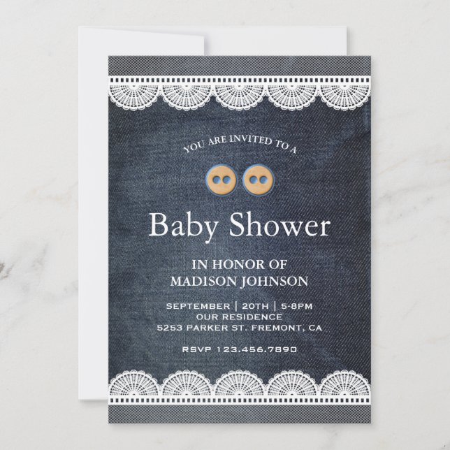 Invitation Pays Bleu Denim Blanc Baby shower dentelle (Devant)