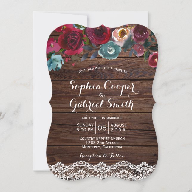Invitation Pays Bourgogne Marine Dentelle florale | Mariage b (Devant)