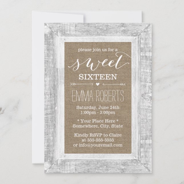 Invitation Pays Cadre rustique en bois Burlap Sweet 16 Annive (Devant)