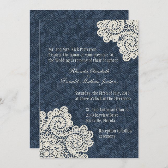 Invitation Pays Chic Denim Damask & Ivory Lace Mariage 3 (Devant / Derrière)