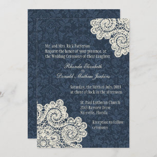 Invitation Pays Chic Denim Damask & Ivory Lace Mariage 3
