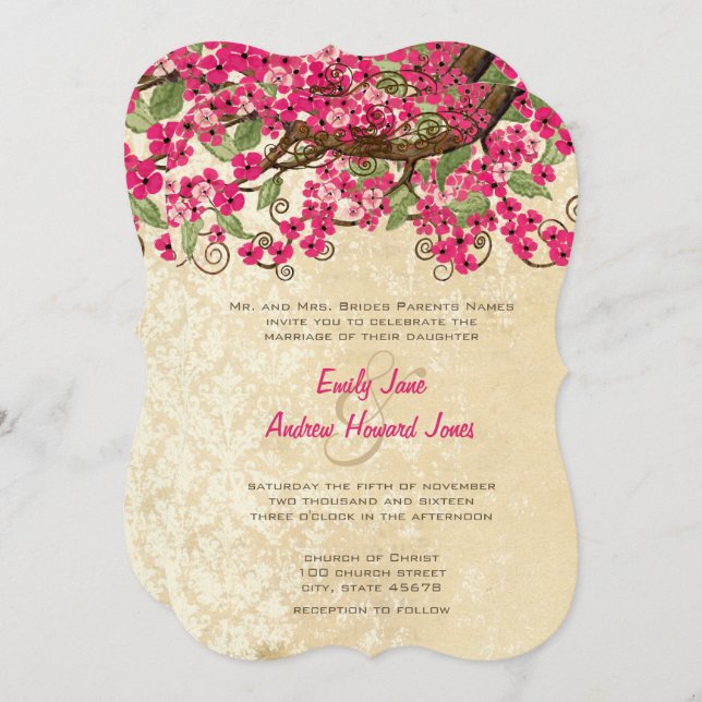 Invitation Pays Chic rose cerise fleurs mariage invite (Devant / Derrière)