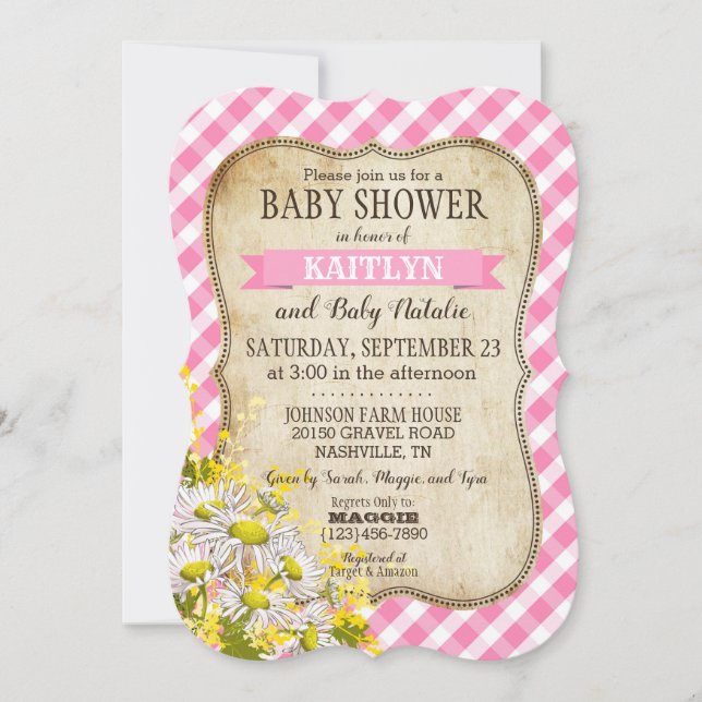 Invitation Pays Daisies Rose En vichy Baby shower chèque (Devant)