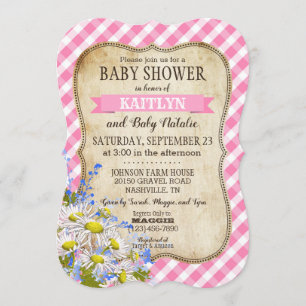 Invitation Pays Daisies Rose En vichy Baby shower chèque
