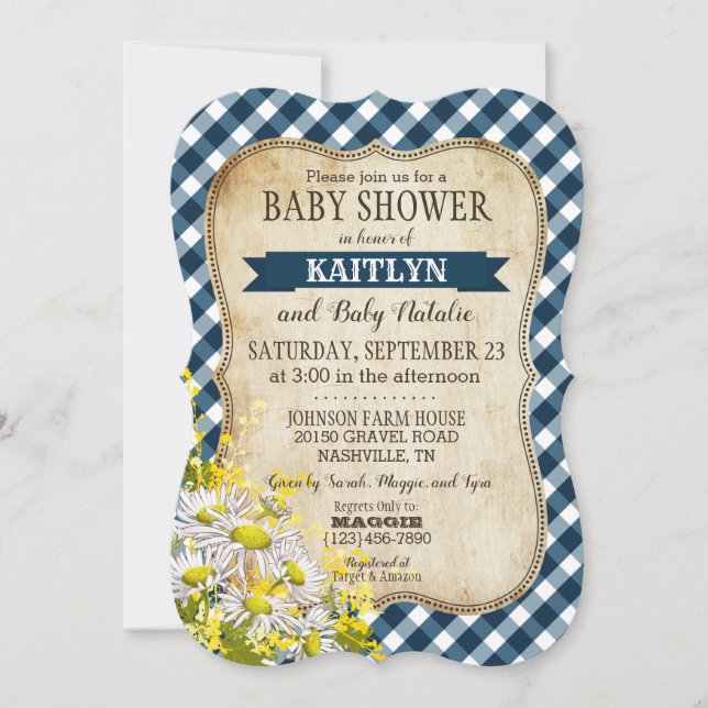 Invitation Pays Daisy Marine Blue En vichy Check Baby shower (Devant)