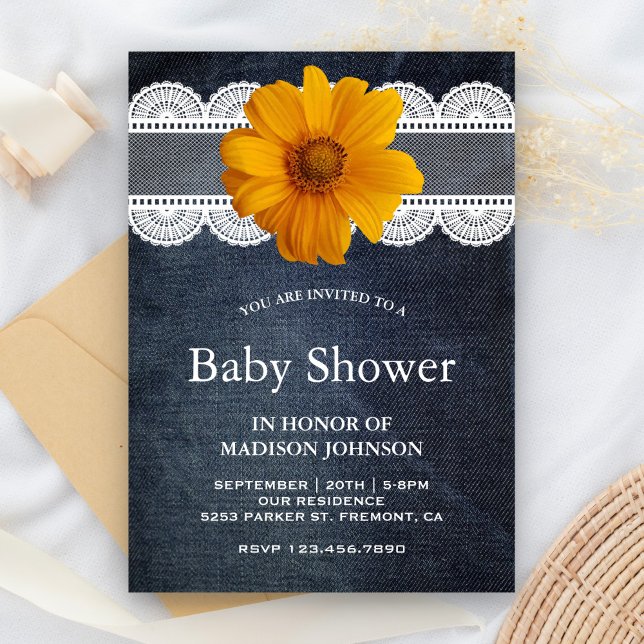 Invitation Pays Denim Lace Baby shower de tournesol (Créateur téléchargé)