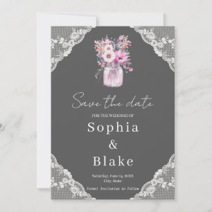 Invitation Pays dentelle Mason Jar Grey Enregistrer la date