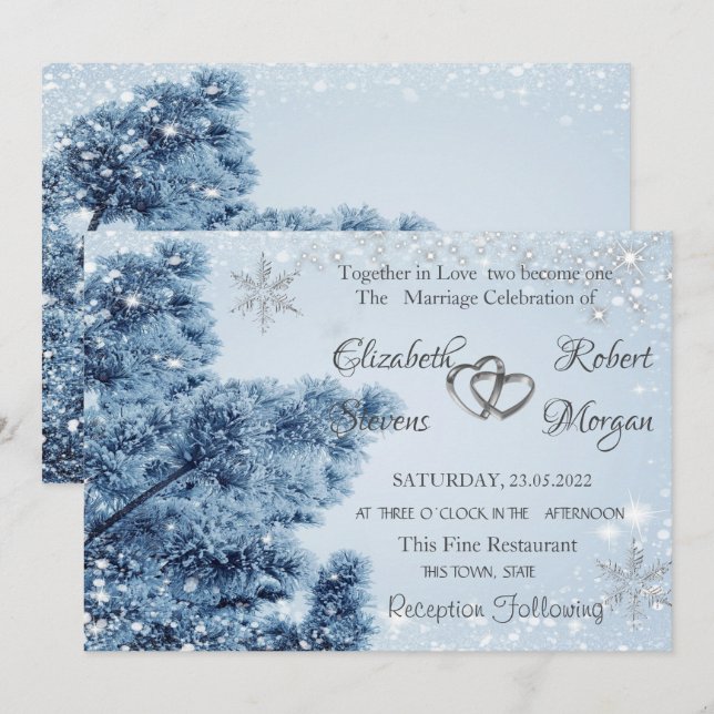 Invitation Pays des merveilles d'hiver,Neige,Mariage de floco (Devant / Derrière)