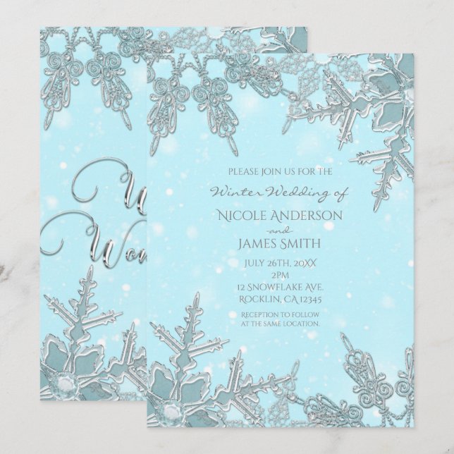 Invitation Pays des merveilles hivernal bleu mariage élégant  (Devant / Derrière)