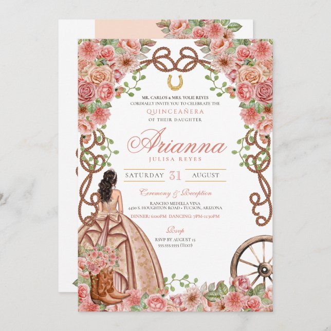 Invitation Pays d'or rose Ouest Charra Quinceañera (Devant / Derrière)