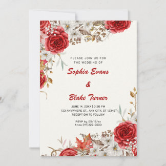Invitation Pays élégant Roses rouges chute Crème blanche Mari