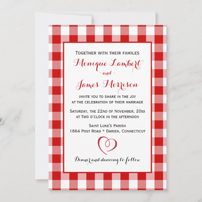 Invitation Pays En vichy Rouge et blanc Chèques Mariage Plaid (Devant)