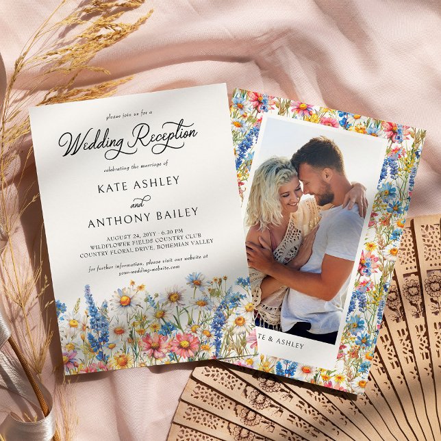 Invitation Pays Fleur sauvage Photo Réception de mariage uniq (Wedding Reception Invitation with photo from Country Wildflower Wedding Collection by Darling & May)