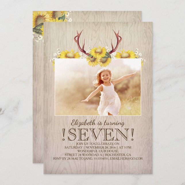 Invitation Pays Fleurs de soleil rustiques Photo d'anniversai (Devant / Derrière)