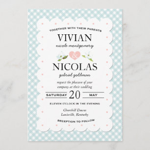 Invitation Pays Floral En vichy bleu rose Mariage