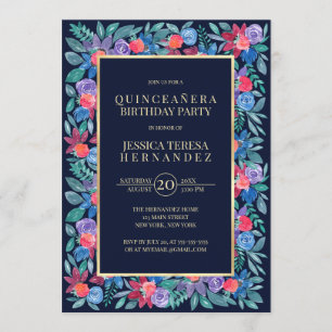 Invitation Pays Floral Fraises Aquarelle Quinceañera