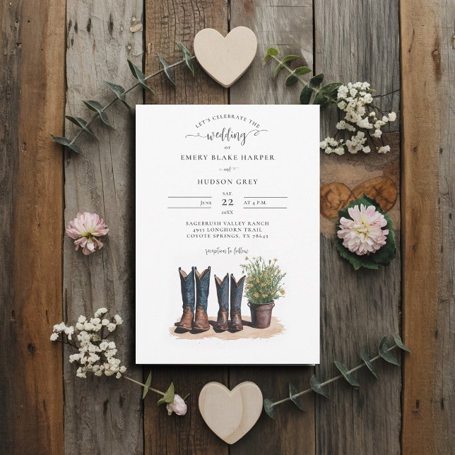 Invitation Pays M. Mme Cowboy Bottes Mariage Fleur sauvage (country wedding invitation rustic western barn chic modern watercolor cowboy boots watercolor)