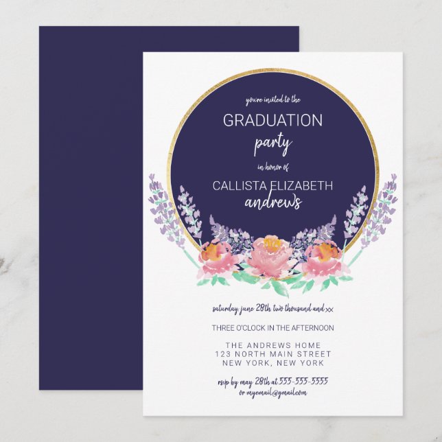 Invitation Pays Marine Pink Lilac Fleur sauvage Graduation (Devant / Derrière)