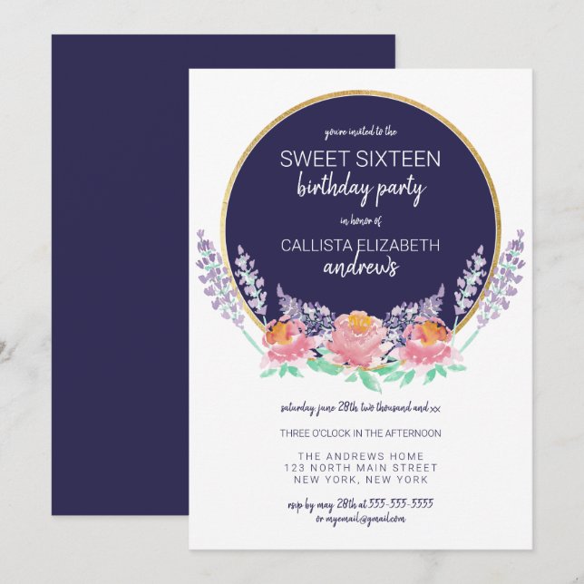 Invitation Pays Marine Rose Lilac Fleur sauvage Sweet 16 (Devant / Derrière)