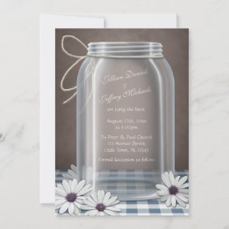 Invitation Pays Mason Jar Daisy Blue Mariage Brown