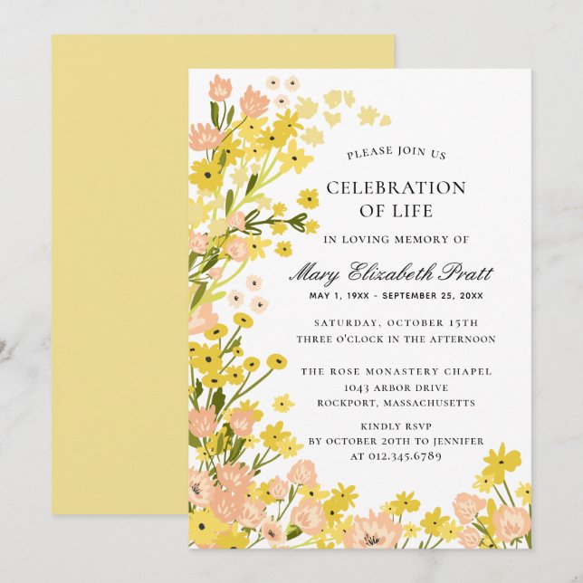 Invitation Pays moderne Jaune Rose Foral Funérailles (Devant / Derrière)