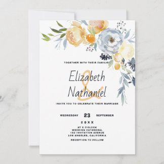 Invitation Pays orange bleu blanc floral botanique mariage 