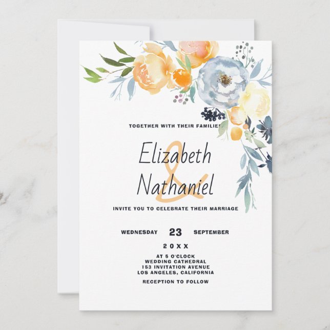 Invitation Pays orange bleu blanc floral botanique mariage  (Devant)
