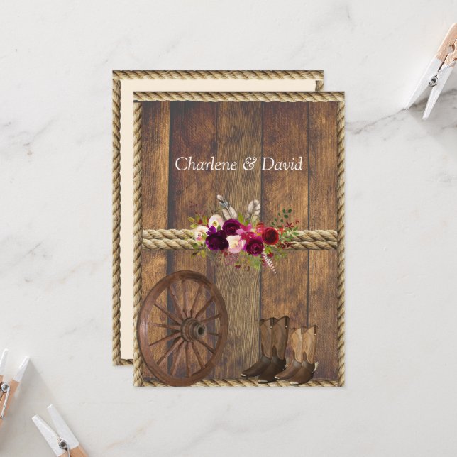 Invitation Pays Ouest Mariage Rouge Roses Plumes corde (Devant/Arrière en situation)